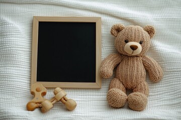 Teddy bear and baby toys for pregnancy announcement black letterboard flat lay on white fabric
