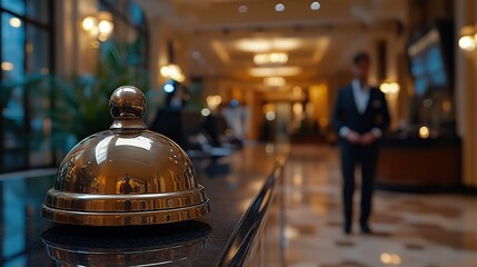 A reception bell on a counter, with a blurred hotel employee.