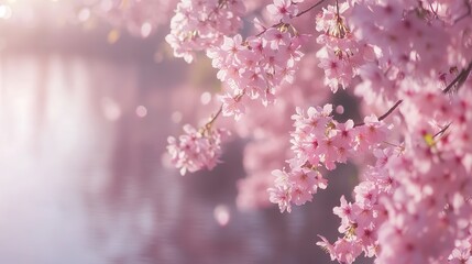 A beautiful cherry blossom tree standing beside a lake with pink blossoms on its branches, surrounded by lush fields under soft sunlight, showing a serene and peaceful natural scene.