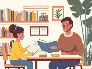Engaging Father and Daughter Reading Together in Cozy Library Setting