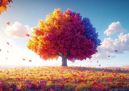 Colorful autumn tree, meadow, sunrise