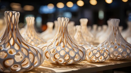 Exquisite Collection of Intricately Designed Modern Vases Showcasing Unique Lacelike Patterns and Soft Ambient Lighting in a Contemporary Setting