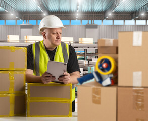 Man factory worker with conveyor belt. Boxes and tape near factory employee. Man near conveyor belt in production hangar. Packaging line at manufacturing plant. Packer guy holds tablet computer