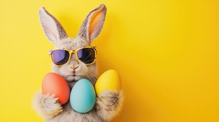Fototapeta premium Charming Easter bunny with yellow sunglasses holding red, blue, and yellow eggs against a vibrant yellow backdrop. Ideal for Easter promotions, ads, and greeting designs