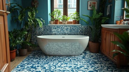 Succulent plant and knit blanket on decorative tiles. AI.