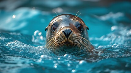 A sea lion swims in a blue ocean, with bubbles rising, a serene scene.