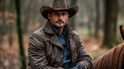 A Rugged Cowboy Portrait: Man in Leather Jacket and Hat on Horseback in the Forest