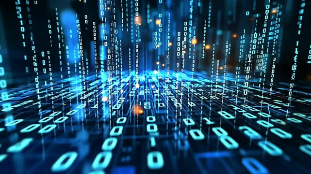 Abstract representation of digital data flowing through a network, showcasing binary code and glowing elements