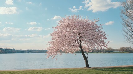 A beautiful cherry blossom tree standing beside a lake with pink blossoms on its branches, surrounded by lush fields under soft sunlight, showing a serene and peaceful natural scene.