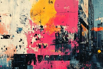 Urban street art with halftone overlays, where graffiti merges with digital textures to create a vibrant, chaotic explosion of color