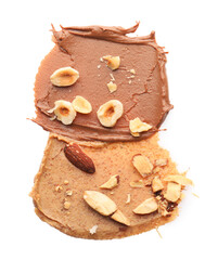 Different nut butters and nuts isolated on white, top view