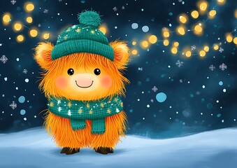 Cute Highland Cow Winter Scene