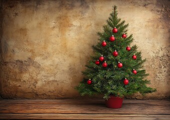 Small Christmas Tree, Rustic Wall, Wooden Table