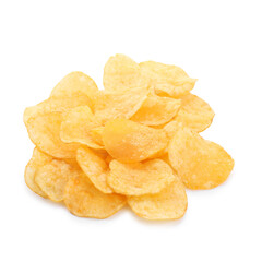 Pile of tasty potato chips isolated on white