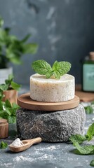 Creamy, round soap sits atop wood and stone, garnished with fresh mint leaves.  Powder and sprigs surround