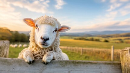 Cute lamb peeking over fence