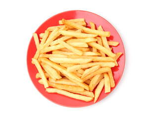 Many delicious French fries isolated on white, top view