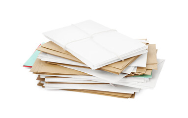 Stack of different paper envelopes on white background. Post office