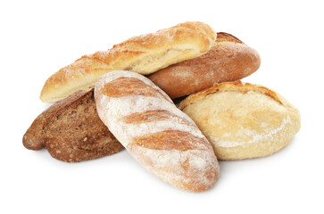 Different loaves of freshly baked bread isolated on white