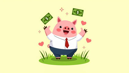Naklejka premium happy pig in business attire playfully tossing dollar bills in the air