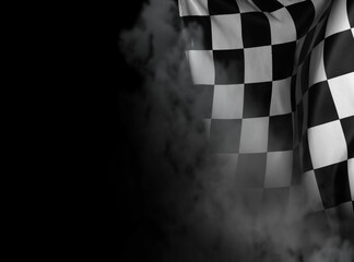 Racing flag with black and white checkers in smoke on dark background, space for text