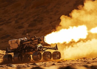 A six-wheeled rover on a dusty terrain with a large flame shooting out, resembling a rocket engine test or propulsion demo on a barren landscape