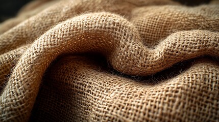 Fototapeta premium Close-up view of draped tan burlap fabric featuring visible textures and light creating a warm and inviting tone.