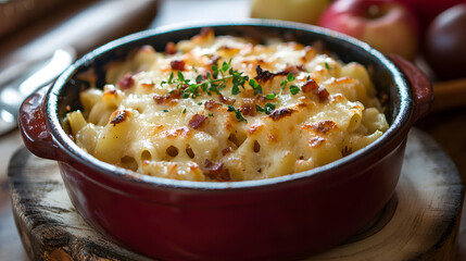 Delicious Creamy Alpine Macaroni Dish with Cheese and Fresh Herbs in Rustic Serving Bowl