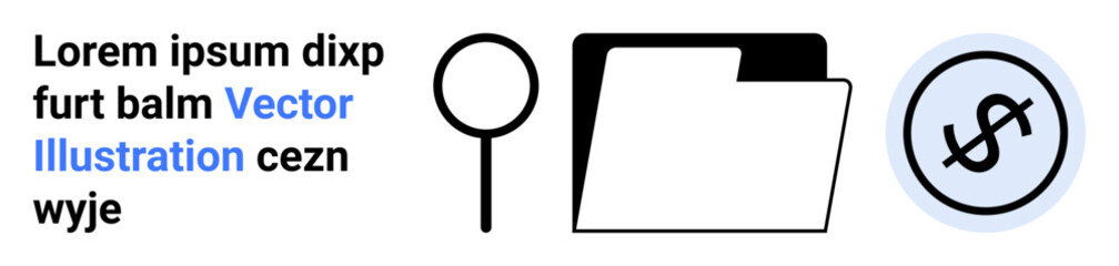 Magnifying glass, file folder, and dollar coin emphasize search, organization, and financial management. Ideal for research, analysis, data storage, funding accounting auditing simple landing page