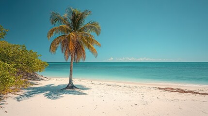 Obraz premium A single palm tree stands on a beautiful white sand beach by the turquoise ocean under clear blue sky, a perfect summer holiday destination.