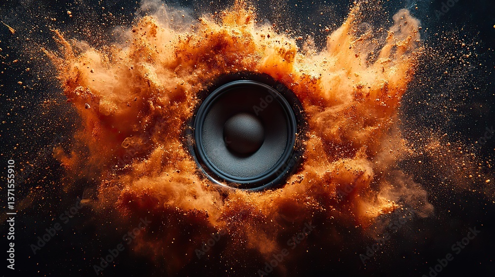 Canvas Prints a single speaker emits sound, causing brown particles to explode outwards.