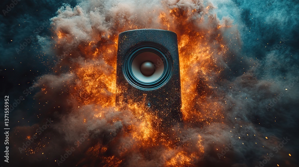 Sticker a single speaker explodes with brown particles on a dark background.