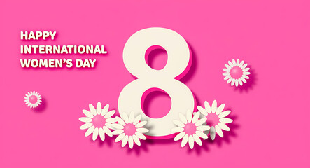 happy international women's day featuring a large number eight and white flowers on pink background