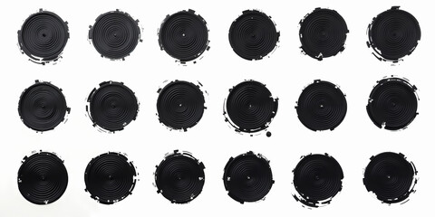 eighteen black concentric circular on white background