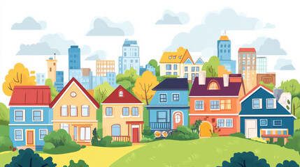 Colorful houses on a tree-lined street, cityscape backdrop