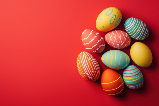 Color-blocked Easter eggs on vibrant red background, top view