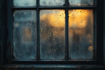 Water stains on an old, abandoned windowpane, with a view of a forgotten world outside, shrouded in mystery and nostalgia