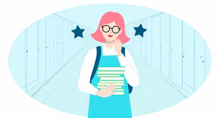 happy student carrying stack of books in school hallway