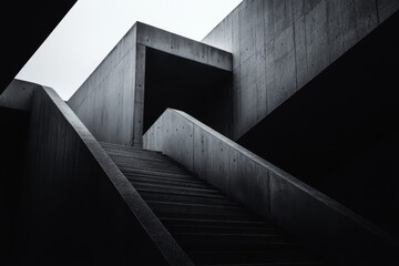Abstract geometric staircase with strong light and shadows in black and white