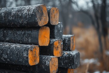 Stack of cut blackened logs in lumberyard with orange markings