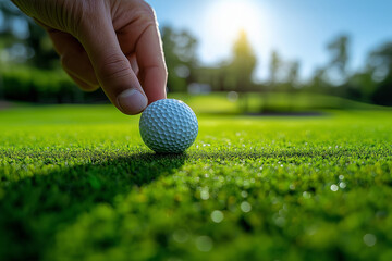 close up of hand placing white golf ball on lush green golf course, with sunlight creating serene atmosphere. focus is on texture of ball and vibrant grass