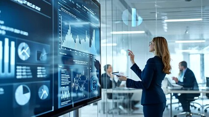 Business professional analyzing data on a digital screen in a modern office environment with colleagues working - Powered by Adobe