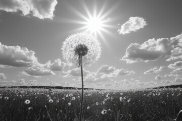 Black and white photo of dandelion in field backlit by the sun