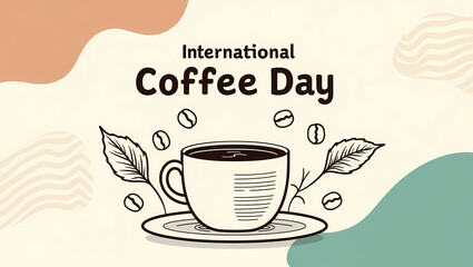 international coffee day: a steaming cup of coffee with coffee beans and leaves