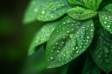 Fototapeta premium Macro view of vibrant green leaves with water droplets after rain
