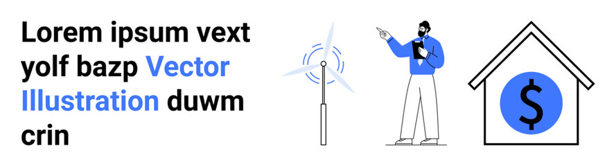 Professional examining windmill for energy efficiency next to a cost-focused house icon. Ideal for finance, renewable energy, technology, sustainability, research, housing, simple landing page