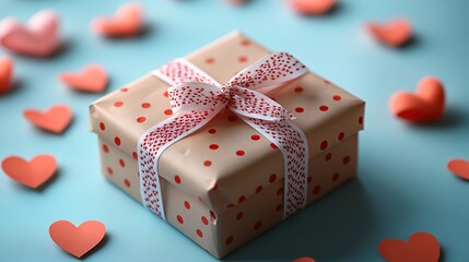 A small wrapped gift box with red and white ribbon is surrounded by red and pink paper hearts, creating a romantic vibe on a pastel blue backdrop.