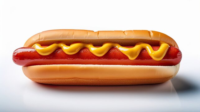 A single hot dog with mustard and ketchup on top, placed simply for a clean look. Classic fast food snack, ideal for menus, advertisements, packaging, or food-related design projects