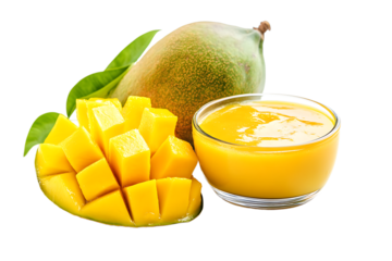 A vibrant display of mangoes featuring a whole fruit cubes and a glass of mango puree against black