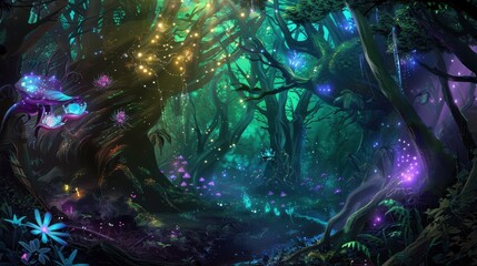 Enchanted Forest with Glowing Mushrooms and Magical Light Effects